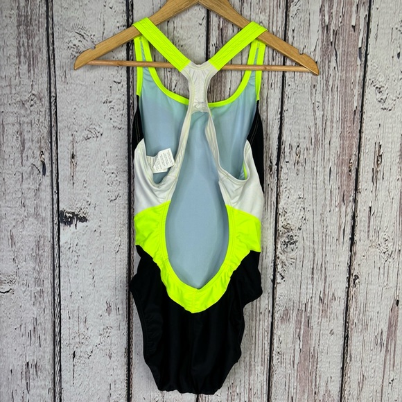 Nike‎ One Piece Athletic Swimsuit Black Neon Yellow Women’s Size 10/36 Open Back - Picture 5 of 16